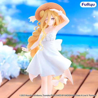 Date A Live V Mukuro Hoshimiya Summer Dress figure wearing a flowing white dress, wide-brimmed sun hat, and sandals with long golden-blonde hair