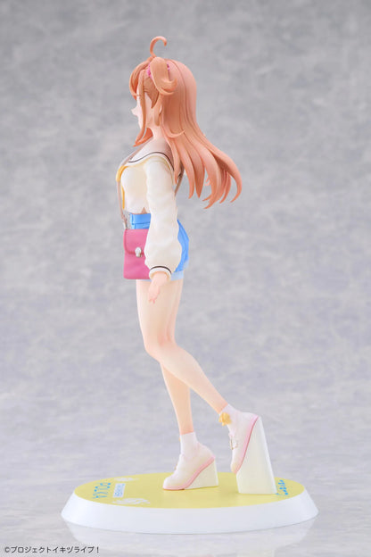 Polka Takahashi 1/7 scale figure with orange hair, a white sailor-style top, blue shorts, and a pink shoulder bag, posed on a yellow base.
