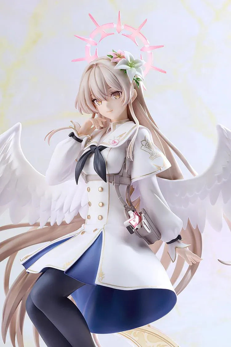 Blue Archive G.S. Collection Nagisa Radiance in Bloom 1/7 Scale Figure with white angel wings, floral halo, flowing uniform, and decorative crescent moon base