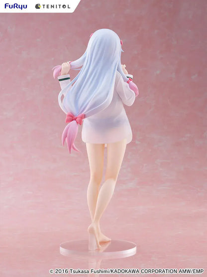 Eromanga Sensei Tenitol Tall Sagiri Izumi (Shirt Ver.) Figure by FuRyu, featuring Sagiri holding a pen while wearing a translucent oversized shirt and smiling softly.