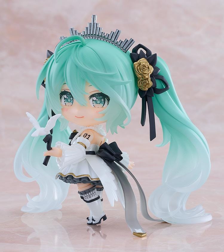 Hatsune Miku Nendoroid Hatsune Miku Symphony 10th Anniversary Ver. Figure featuring Miku with teal twin tails, white and black concert outfit, gold rose accents, and symphony-inspired details.