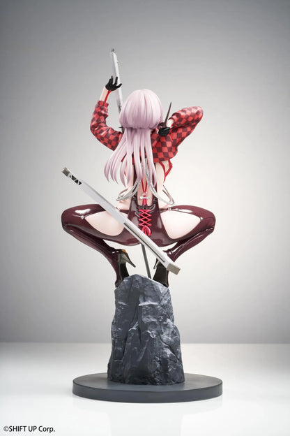 Scarlet Racer's High scale figure from Goddess of Victory: Nikke, crouching on a rocky base with weapons drawn and glossy red combat suit.