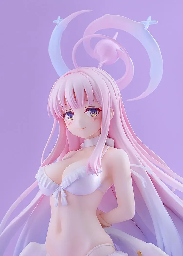 Blue Archive Mika Swimsuit figure with long pink and lavender hair, a white ruffled swimsuit, halo, feathered wings, and ribbon heels on a purple base.