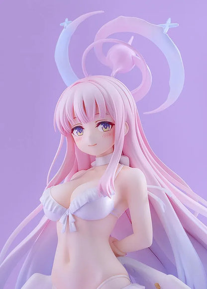 Blue Archive Mika Swimsuit figure with long pink and lavender hair, a white ruffled swimsuit, halo, feathered wings, and ribbon heels on a purple base.