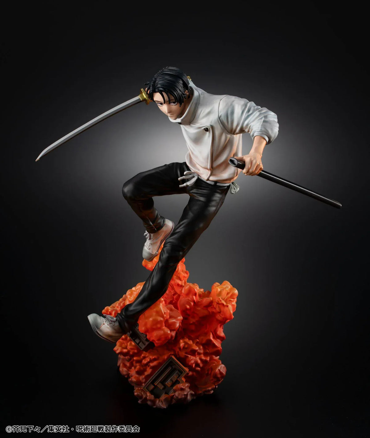 Jujutsu Kaisen Yuta Okkotsu The Culling Game figure in an airborne sword pose, wearing a white jacket and black trousers above an orange effect base.