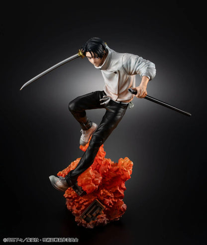 Jujutsu Kaisen Yuta Okkotsu The Culling Game figure in an airborne sword pose, wearing a white jacket and black trousers above an orange effect base.
