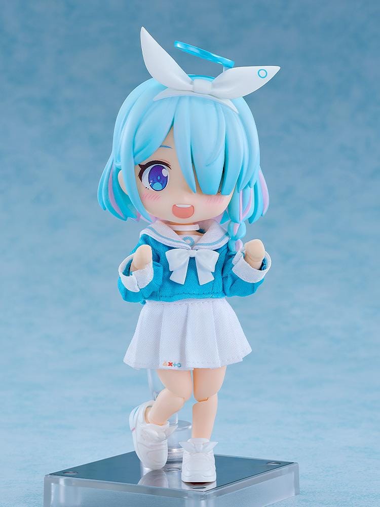 Blue Archive Nendoroid Doll Arona with blue hair, a white bow and halo, wearing a blue-and-white fabric school uniform.