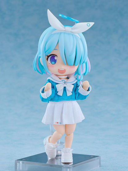 Blue Archive Nendoroid Doll Arona with blue hair, a white bow and halo, wearing a blue-and-white fabric school uniform.
