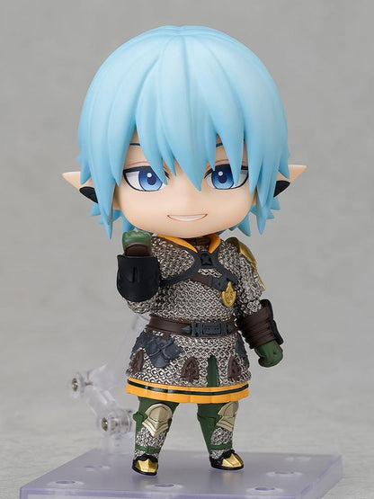 Final Fantasy XIV Nendoroid Haurchefant with pale blue hair, silver chainmail, a sword, and a black shield bearing a red unicorn emblem.