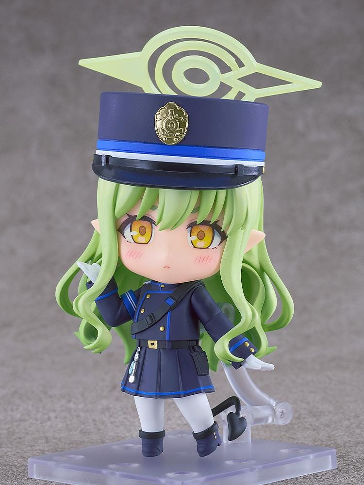 Blue Archive Nendoroid Hikari Tachibana Figure featuring Hikari with light green hair, golden eyes, oversized officer cap, academy uniform, and halo-style effect piece.