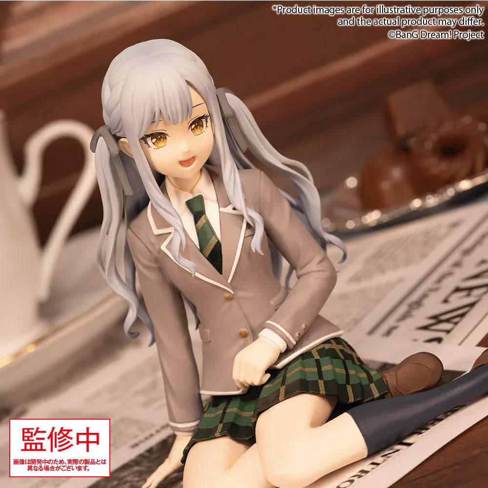 BanG Dream Ave Mujica Sakiko Togawa Uniform Ver. Premium Figure featuring Sakiko seated in a school uniform with long silver twin tails, golden eyes, beige blazer, and green plaid skirt.