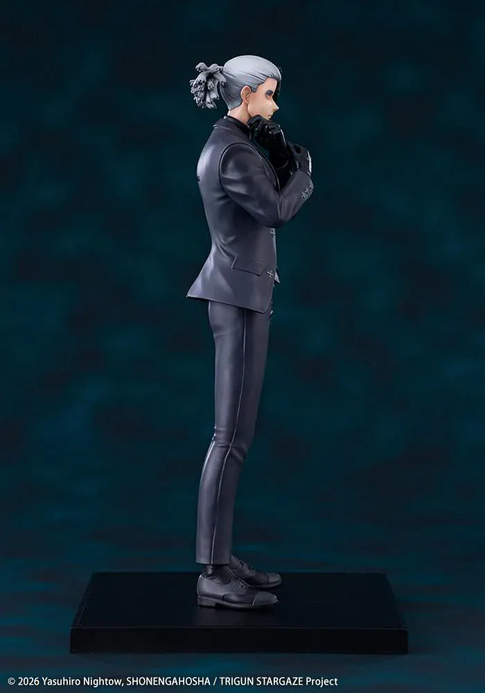 Trigun Stampede Oshi Works Livio the Double Fang Figure featuring Livio with silver hair, black suit, crossed-arm pose, stern expression, and display base.
