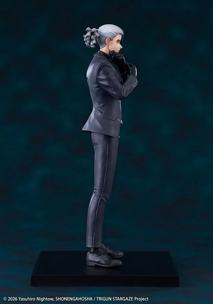 Trigun Stampede Oshi Works Livio the Double Fang Figure featuring Livio with silver hair, black suit, crossed-arm pose, stern expression, and display base.