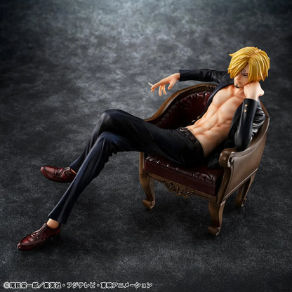 One Piece Portrait of Pirates S.O.C. Sanji Ver.R Figure seated in a chair with black suit, blonde hair, cigarette accessory, and relaxed pose