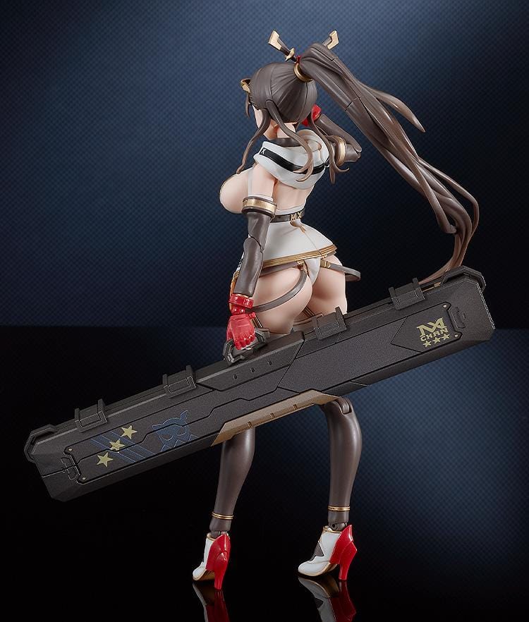 PLAMATEA MX-chan Model Kit featuring MX-chan in a black, white, and brown tactical outfit with red gloves and a large weapon case