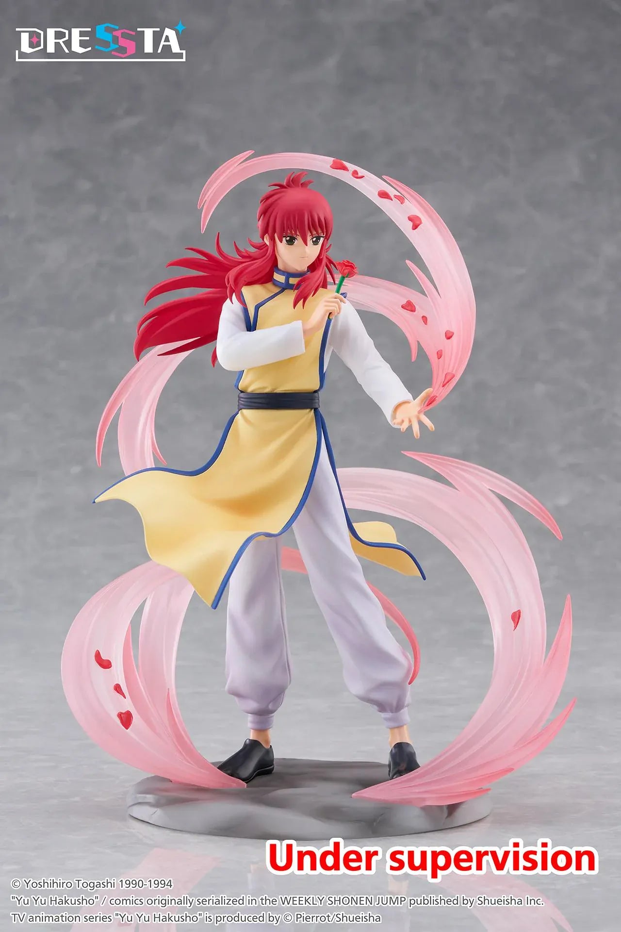 Yu Yu Hakusho Dressta Kurama Figure with red hair, yellow outfit, rose accessory, pink energy effects, and display base
