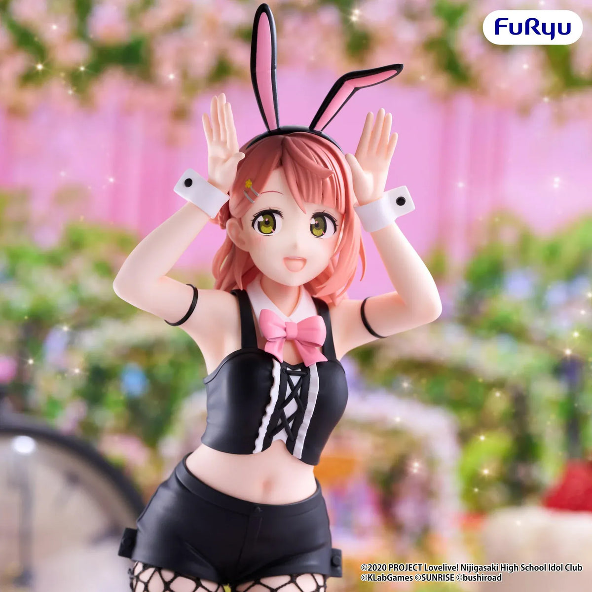 Ayumu Uehara BiCute Bunnies figure with reddish-pink hair, black bunny ears, a pink bow, patterned stockings, and tall black boots.