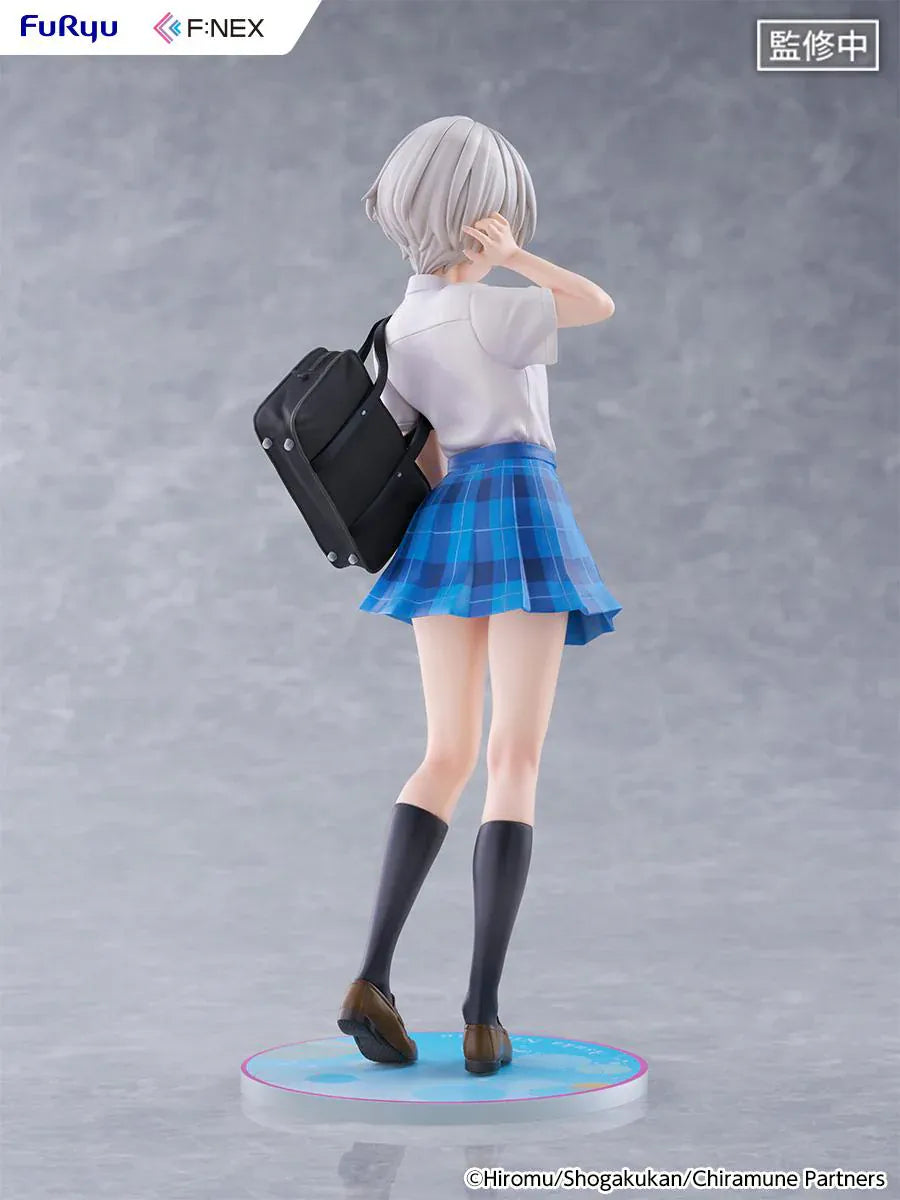 Chitose Is in the Ramune Bottle Asuka Nishino 1/7 Scale Figure with short silver hair, blue plaid skirt, school uniform outfit, backpack, drink bottle accessory, and display base