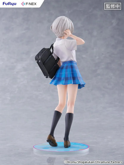 Chitose Is in the Ramune Bottle Asuka Nishino 1/7 Scale Figure with short silver hair, blue plaid skirt, school uniform outfit, backpack, drink bottle accessory, and display base
