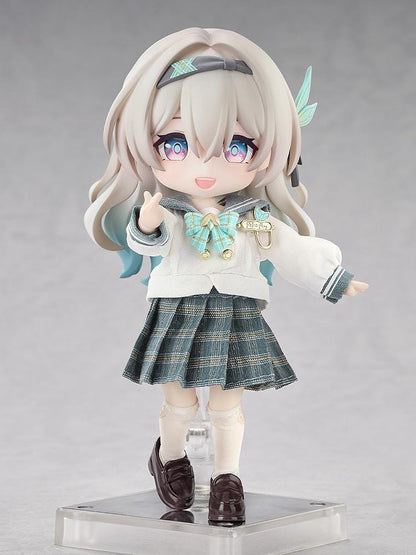 Honkai Star Rail Nendoroid Doll Firefly Spring Missive Ver. featuring silver-blonde hair, colorful eyes, a white sailor-style blouse, green plaid skirt, matching bow, cream knee-high socks, brown loafers, and a brown shoulder bag.