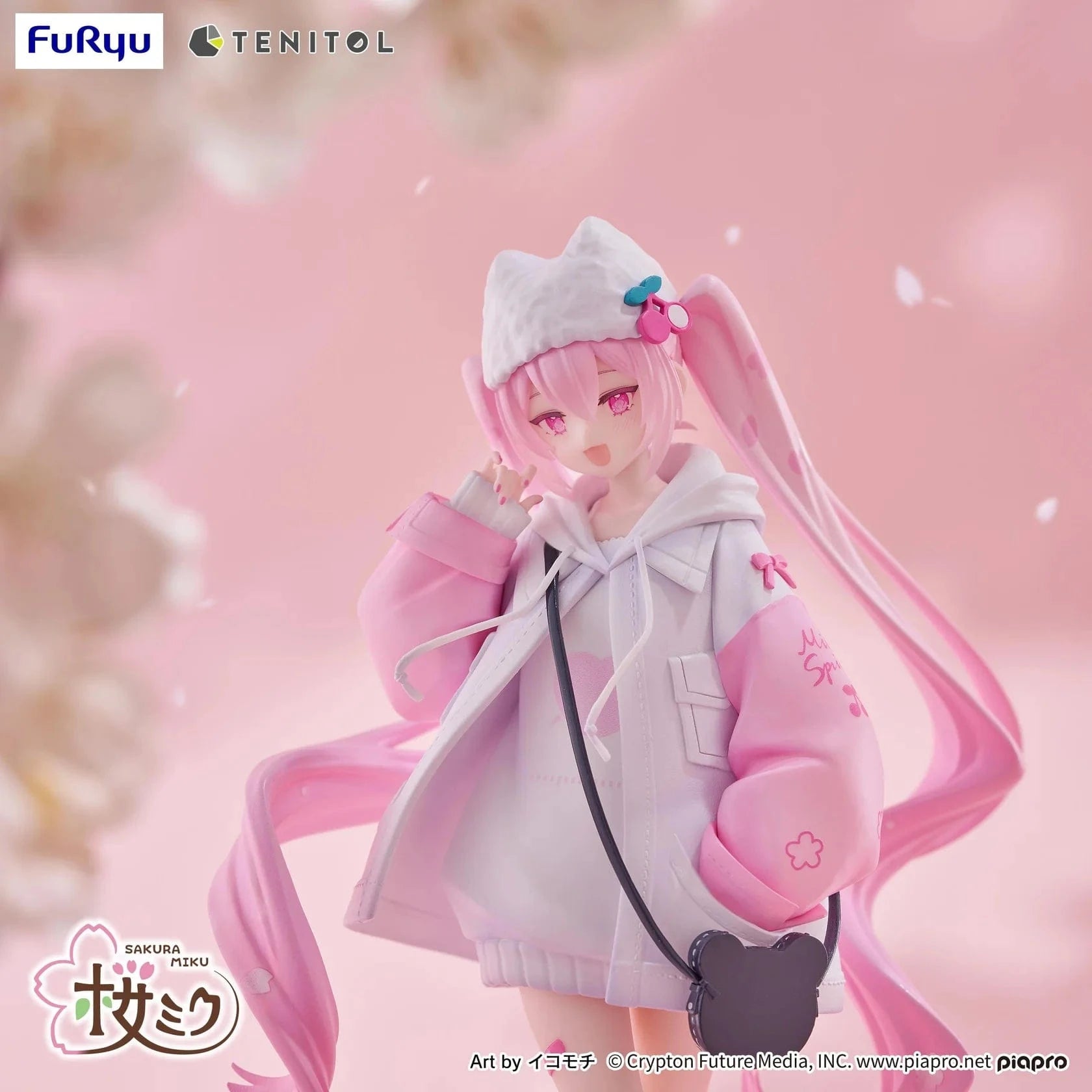 Vocaloid Tenitol Petit Sakura Miku Cool Style Figure featuring Sakura Miku in a pink and white hoodie outfit with twin-tails and a cat-shaped bag
