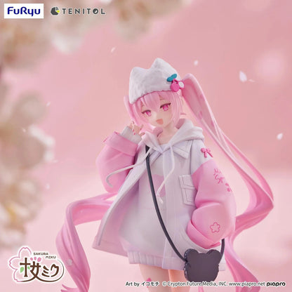 Vocaloid Tenitol Petit Sakura Miku Cool Style Figure featuring Sakura Miku in a pink and white hoodie outfit with twin-tails and a cat-shaped bag