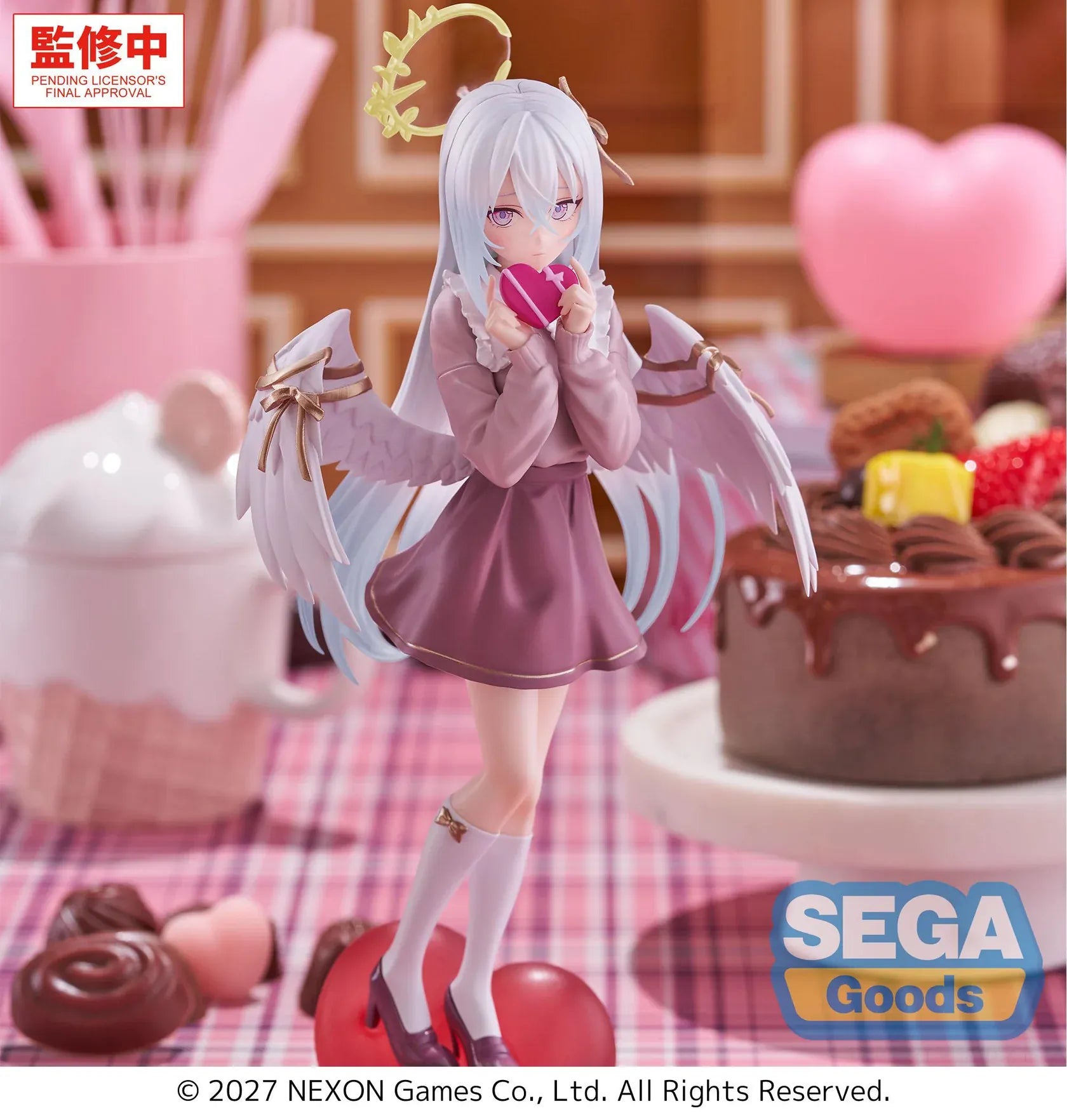 Blue Archive XStellar Azusa Happy Valentine Figure with white hair, angel wings, heart-shaped gift, and red heart display base