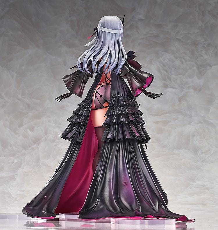 1/7 scale figure of Modernia from Goddess of Victory: Nikke in her Second Affection outfit, wearing a black coat with crimson lining and large mechanical wing units extending from her sides.