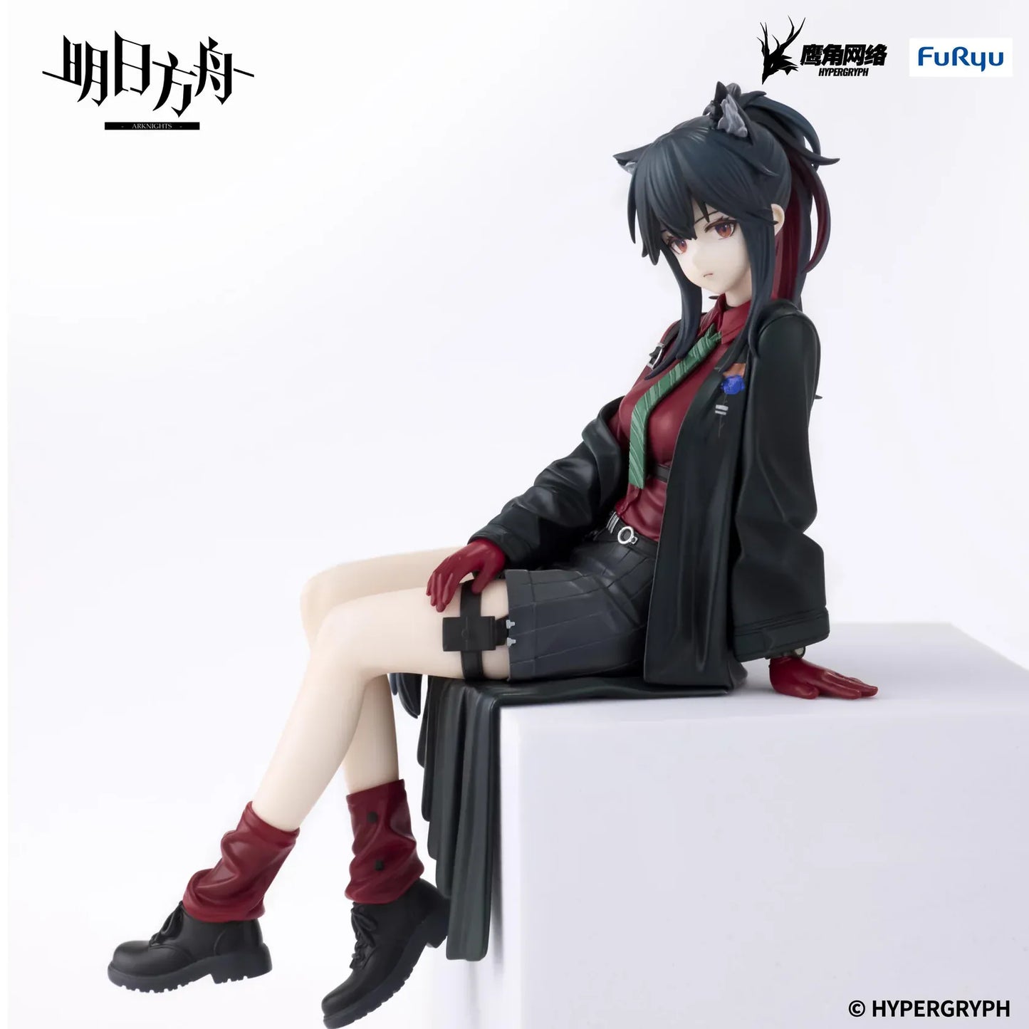 Arknights Texas Will Ver Noodle Stopper Figure featuring Texas seated in a red shirt, green tie, black skirt, oversized jacket, and red boots