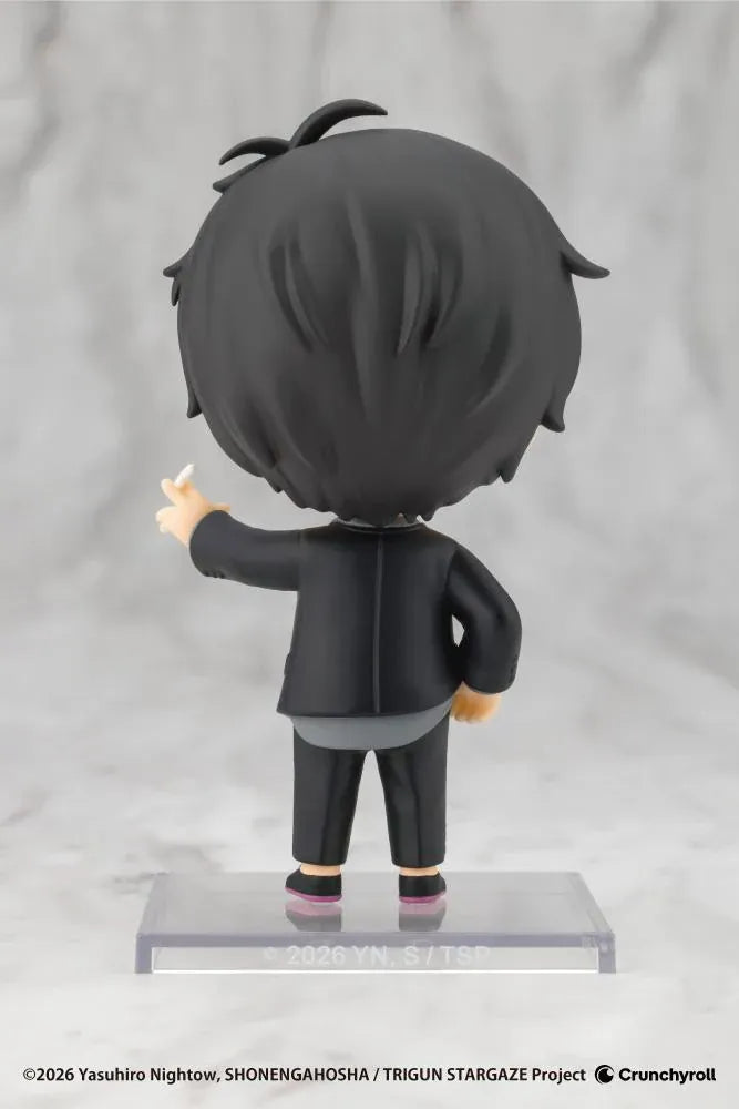 TRIGUN STARGAZE Oshi Works Mini Nicholas D. Wolfwood figure with black hair, tinted glasses, black suit, and raised hand holding a cigarette.
