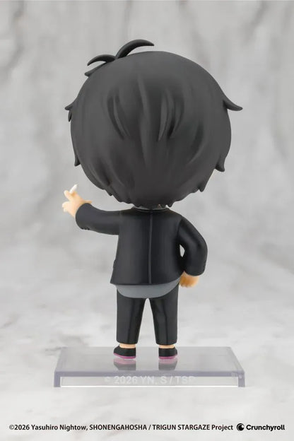 TRIGUN STARGAZE Oshi Works Mini Nicholas D. Wolfwood figure with black hair, tinted glasses, black suit, and raised hand holding a cigarette.