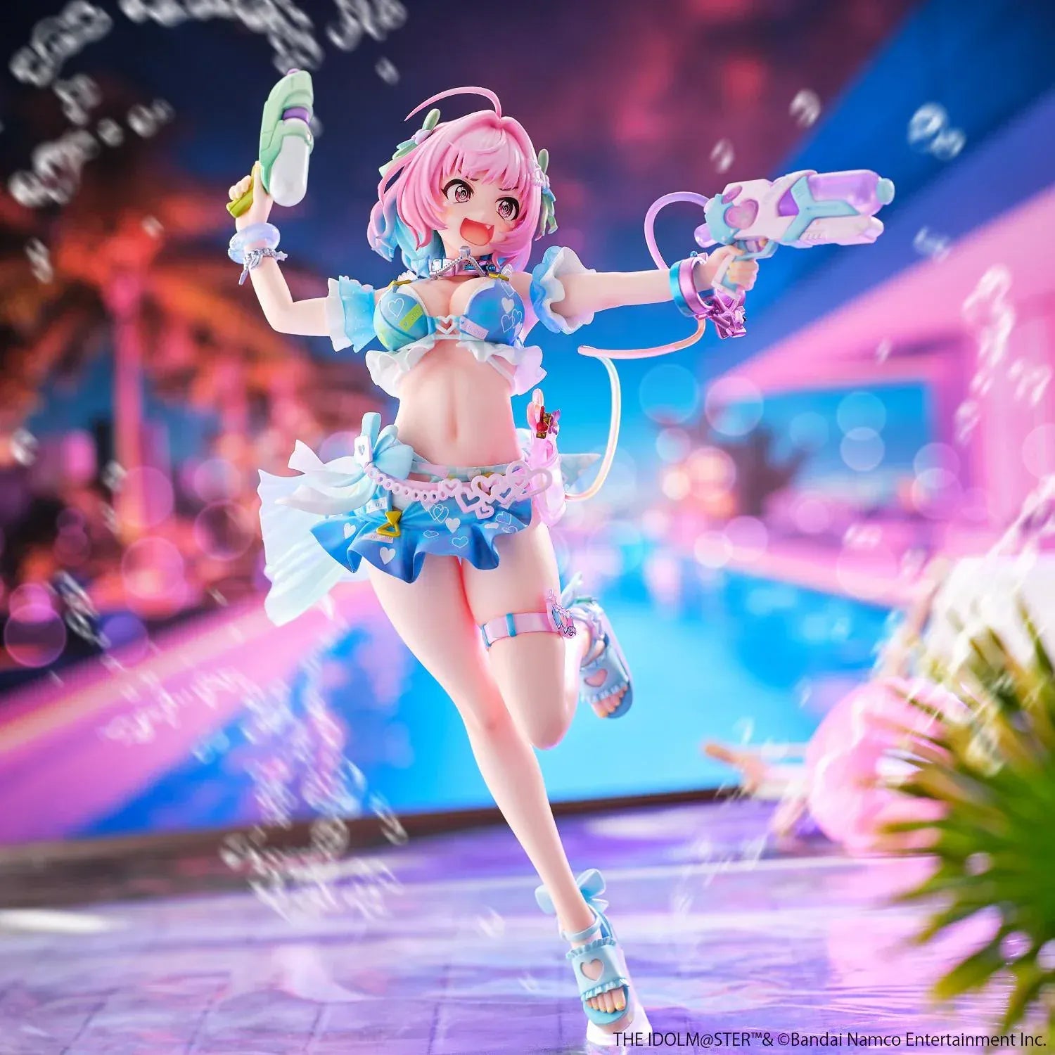Riamu Yumemi 1/6 scale figure from The Idolmaster Cinderella Girls in pastel blue idol outfit holding water gun accessory on clear display base