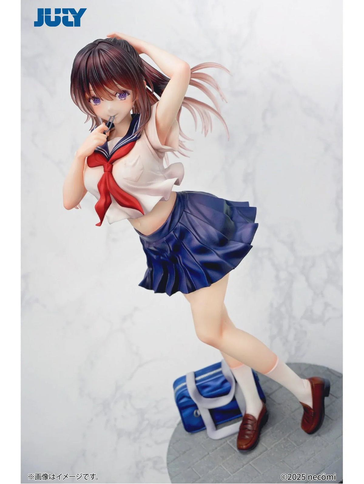 Summer Girl 1/6 Scale Figure featuring a brown-haired anime girl with purple eyes, a white sailor-style top, red necktie, navy-blue pleated skirt, and blue school bag.