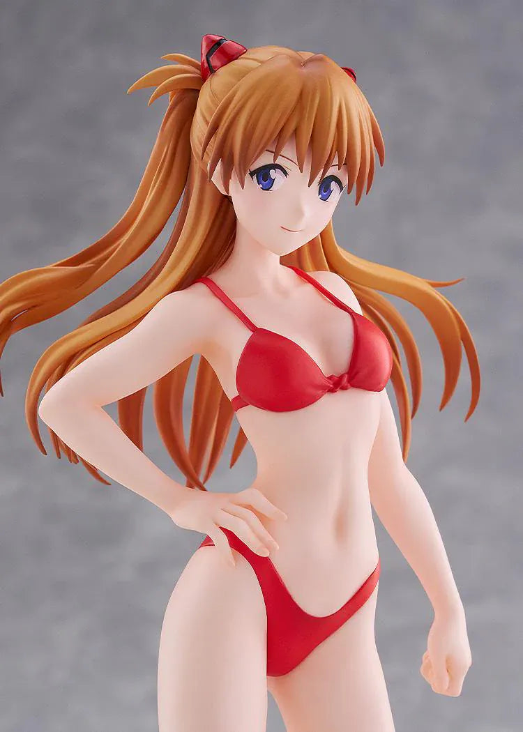Rebuild of Evangelion POP UP PARADE BEACH QUEENS Asuka Shikinami Langley Bikini Style L Size Figure featuring Asuka with orange hair, blue eyes, and a red bikini.