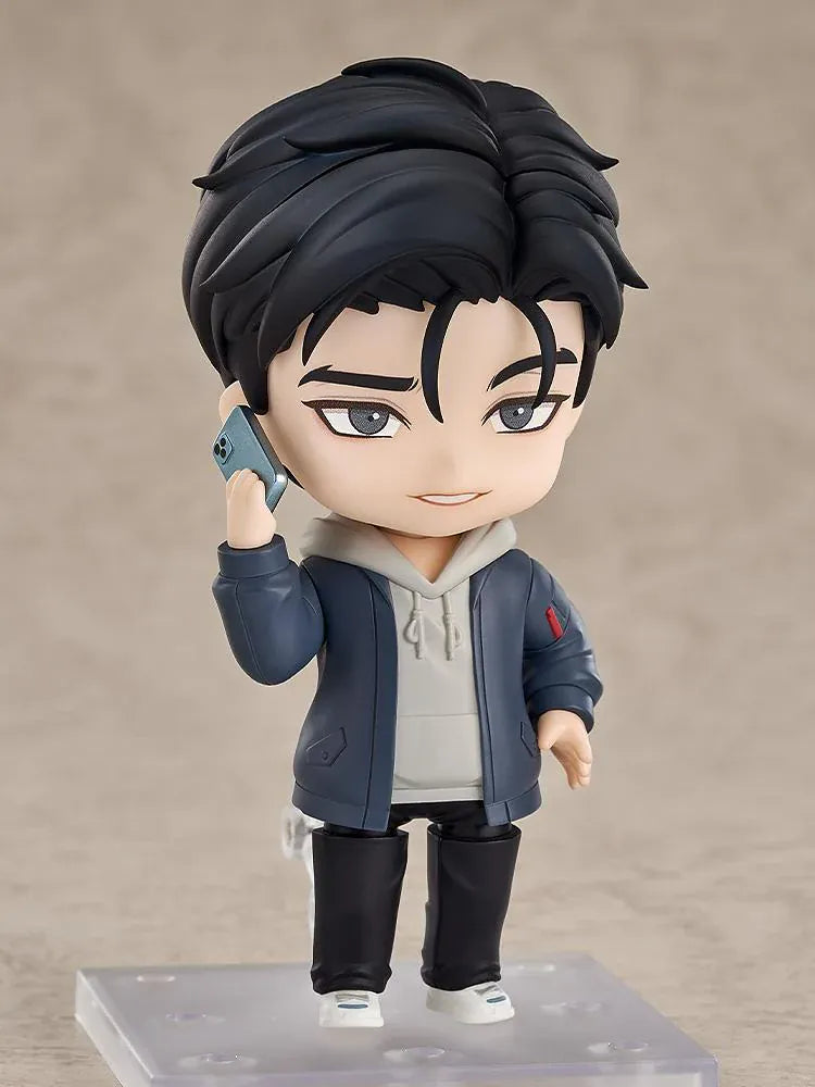 Jinx Nendoroid Joo Jaekyung Figure featuring Joo Jaekyung in a chibi style with black hair, casual hoodie outfit, and drink accessory.
