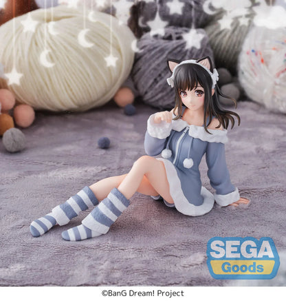 BanG Dream! Mana Sumita Pajama Party figure seated in a blue-gray outfit with white trim, cat-ear headband, striped socks, and one hand raised.