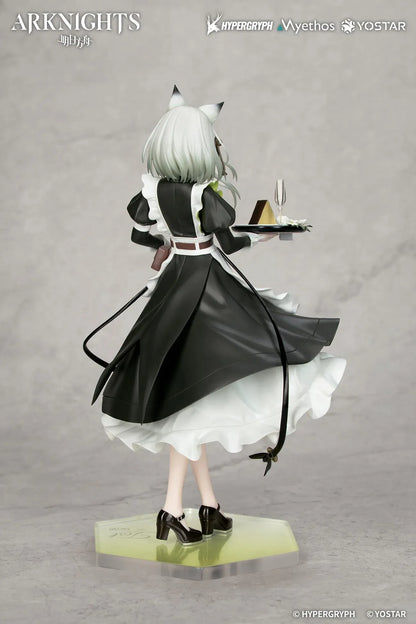Kal'tsit The Remains of Time Ver. figure wearing a flowing black and white maid dress and holding a serving tray on a translucent green base.