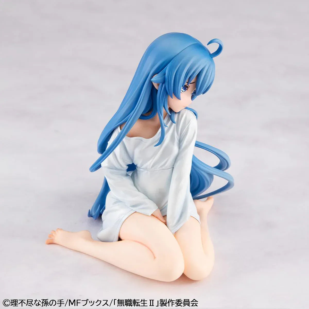 Mushoku Tensei Melty Princess Roxy Migurdia Peeping Ver. figure kneeling in oversized white shirt with long blue hair.