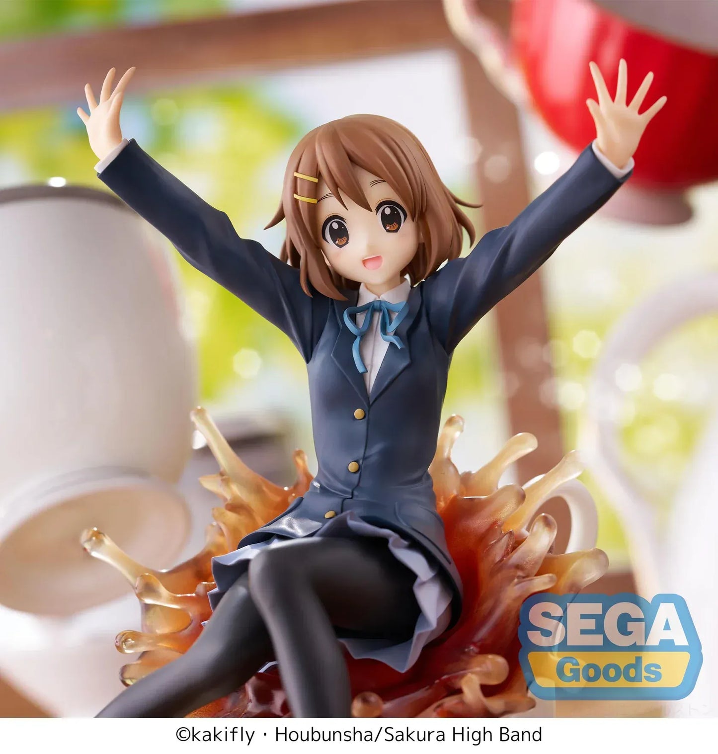 Yui Hirasawa Luminasta figure from K-On sitting on teacup with splash effect and school uniform