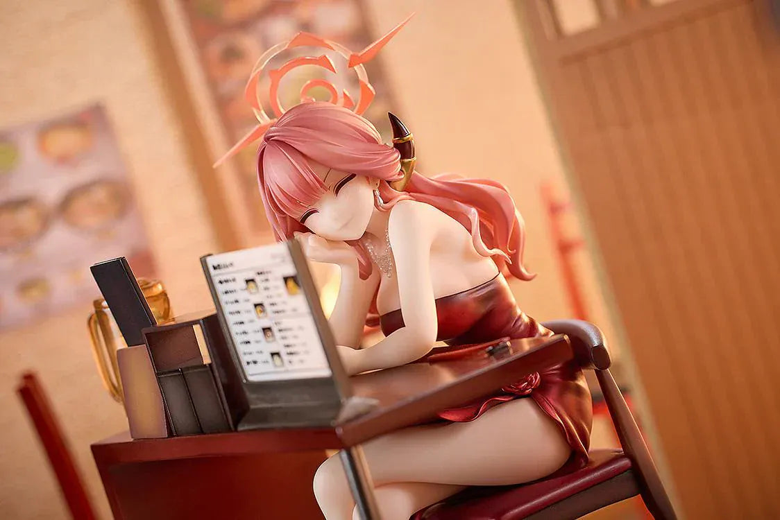 Blue Archive Aru Dress Memorial Lobby version 1/7 scale figure seated at bar counter in red dress