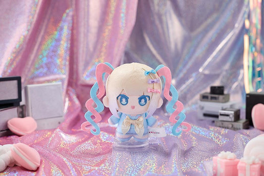 NEEDY GIRL OVERDOSE OMGkawaiiAngel Punipico mascot plushie with pastel spiral twin-tails, blue embroidered eyes, a cream bow, and a pink ball chain.