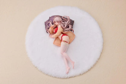 Makia 1/7 scale figure lying on a large fluffy white round base, wearing a cardigan and red lingerie, resting on a purple pillow