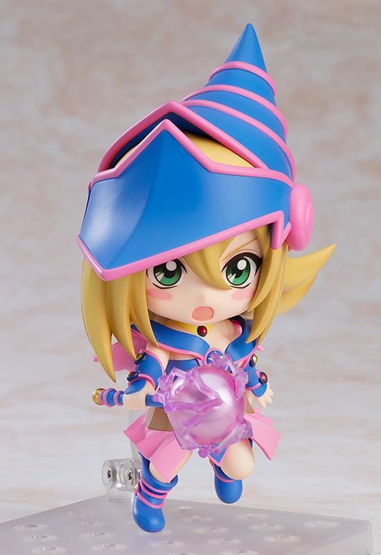 Yu-Gi-Oh! Nendoroid Dark Magician Girl Figure Rerelease with blue and pink magician outfit, oversized hat, staff, and chibi-style design