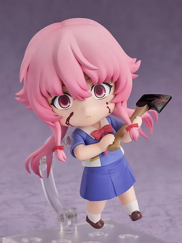 The Future Diary Nendoroid Yuno Gasai Figure rerelease featuring pink hair, school uniform, and chibi design with character accessories
