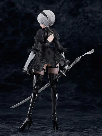 NieR Ver1.1a figma 2B figure with silver hair, a black visor, patterned black outfit, white sleeves, glossy boots, and a support robot.