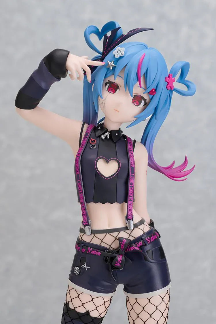 Hatsune Miku DecoMiku Darkness L Size figure with blue and pink twin-tails, a black heart-cutout top, dark shorts, fishnets, and pink-laced boots.