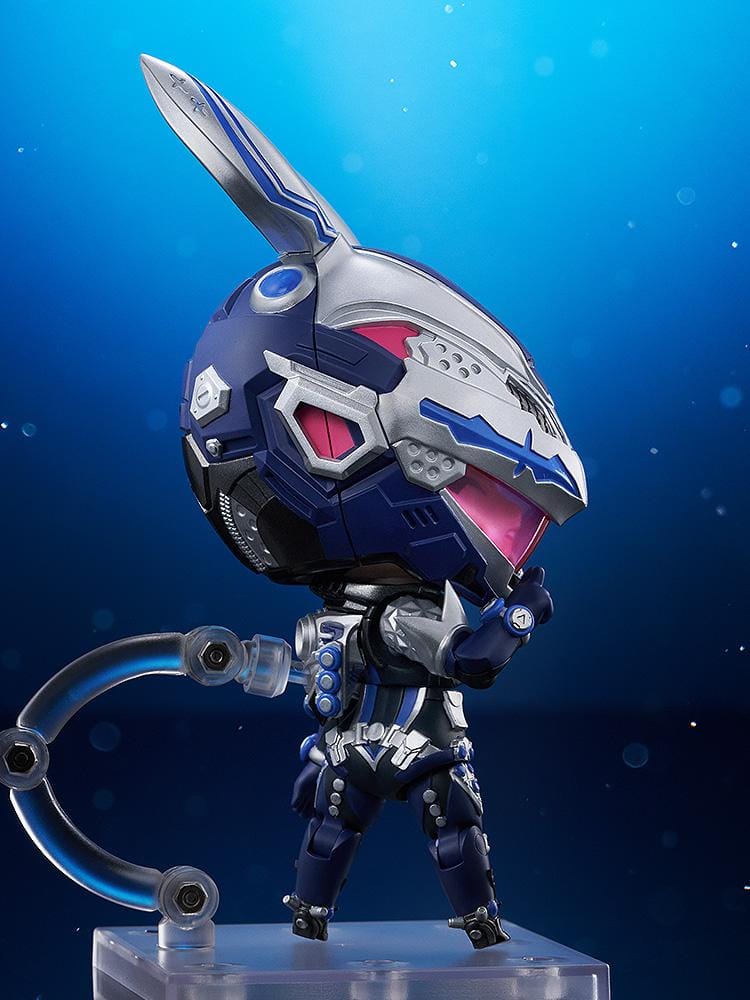 The First Descendant Nendoroid Bunny Figure with blue and silver futuristic armor, bunny helmet, pink visor, and chibi design