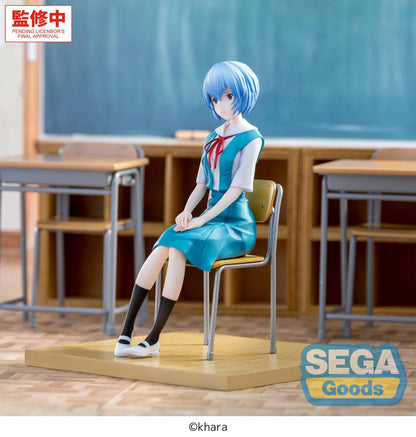 XStellar Rei Ayanami Uniform Ver. figure seated on a school chair with hands folded, wearing a blue and white uniform on a parquet-style floor base.