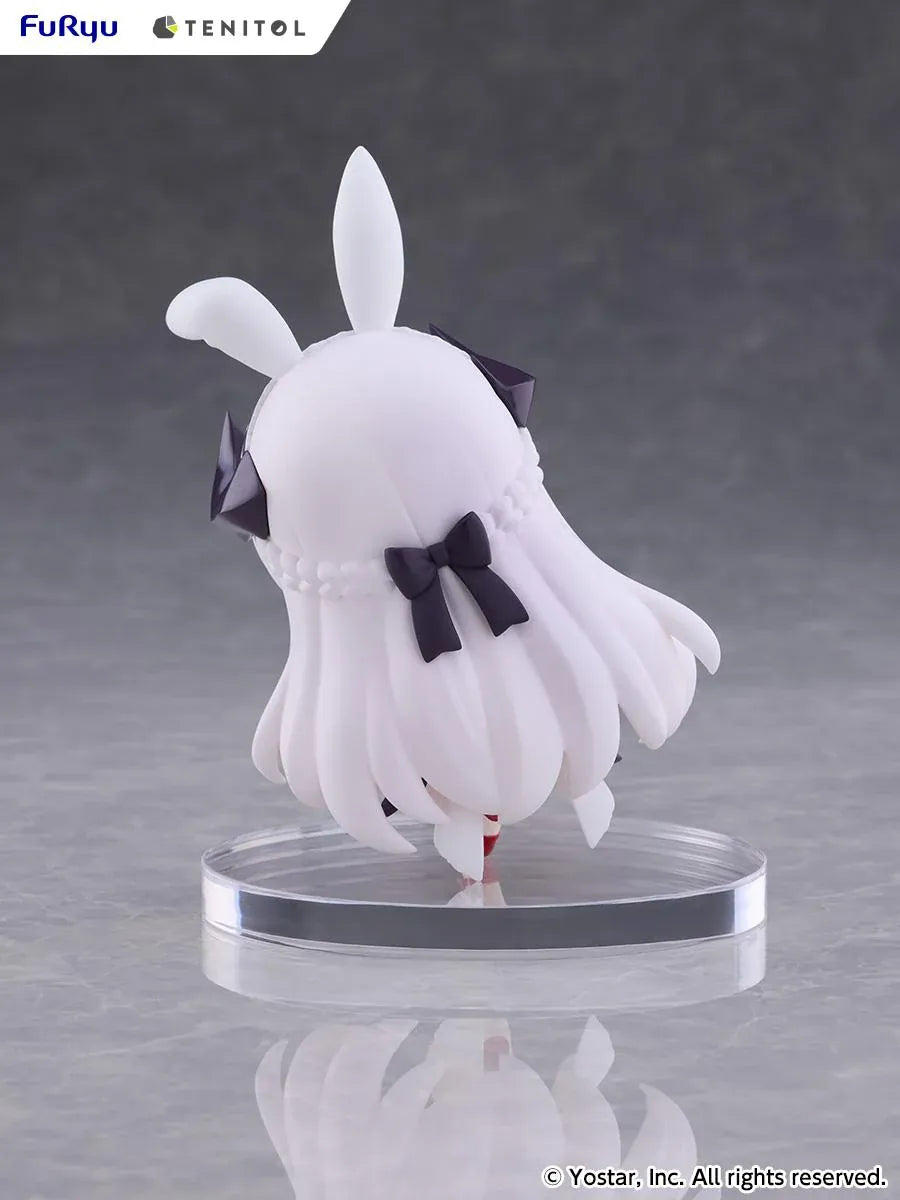 Stella Sora TENITOL Mini Virigia Bunny Figure by FuRyu featuring a white-haired anime girl with pink eyes, oversized bunny ears, a white bunny outfit with black accents, red bow tie, and matching shoes in a playful pose.