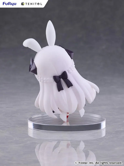 Stella Sora TENITOL Mini Virigia Bunny Figure by FuRyu featuring a white-haired anime girl with pink eyes, oversized bunny ears, a white bunny outfit with black accents, red bow tie, and matching shoes in a playful pose.